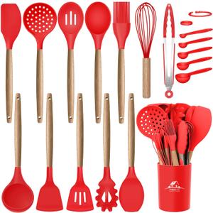 MIBOTE Silicone Cooking Utensils Kitchen Utensil Set - 446F Heat Resistant,Turner Tongs, Spatula, Spoon, Whisk, Wooden Handle Kitchen Gadgets with Holder for Nonstick Cookware Christmas (Red)