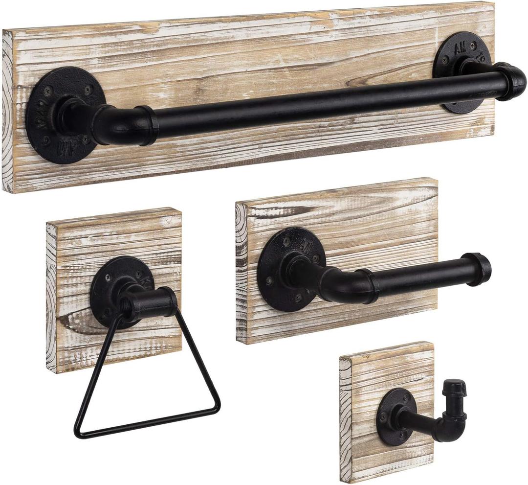 MyGift 4 Piece Wall Mounted Bathroom Hardware Set, Rustic Torched Wood and Industrial Matte Black Metal Pipe Towel Ring, Robe Hook, Toilet Paper Holder and Towel Bar