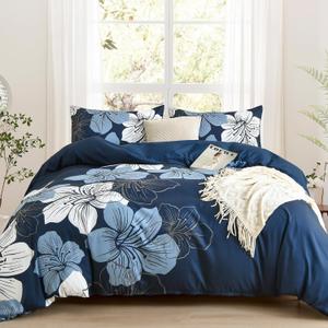 DJY 3 Pieces Duvet Cover Set King Navy Blue Floral Pattern Comforter Cover Elegant Boho Floral Duvet Cover with 2 Pillow Cases Lightweight Microfiber Bedding Duvet Cover Set All Season 90"x 104"