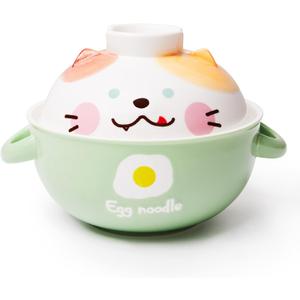 Ceramic Ramen Bowl with Lid and Handle, Microwaveable Ramen Cooker for Noodle, Pho, Soup, and Pasta, Dishwasher Safe and Portable, Ideal for Home, Office, Dorm, or Gift, 32OZ(Cat)