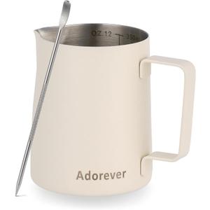 Milk Frothing Pitcher, 350ml/12oz Steaming Pitchers Stainless Steel Milk Coffee Cappuccino Latte Art Barista Steam Pitchers Milk Jug Cup with Decorating Art Pen, Matte White