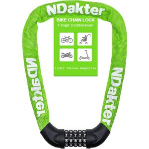 NDakter Bike Chain Lock, 5 Digit Combination Heavy Duty Anti Theft Bicycle Chain Lock,2.62 Ft Long Security Resettable Bike Locks for Bike, Bicycle, Scooter, Door, Gate, Fence-4 mm Thick (Green)