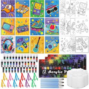 Sherr 108 Pcs 12 Set Retro Time Sip and Paint Kit for Adults 8''x10'' Pre Drawn Canvas to Paint DIY Acrylic Painting Kit Pre Printed Canvas for Date Night Mother's Day Party Team Building