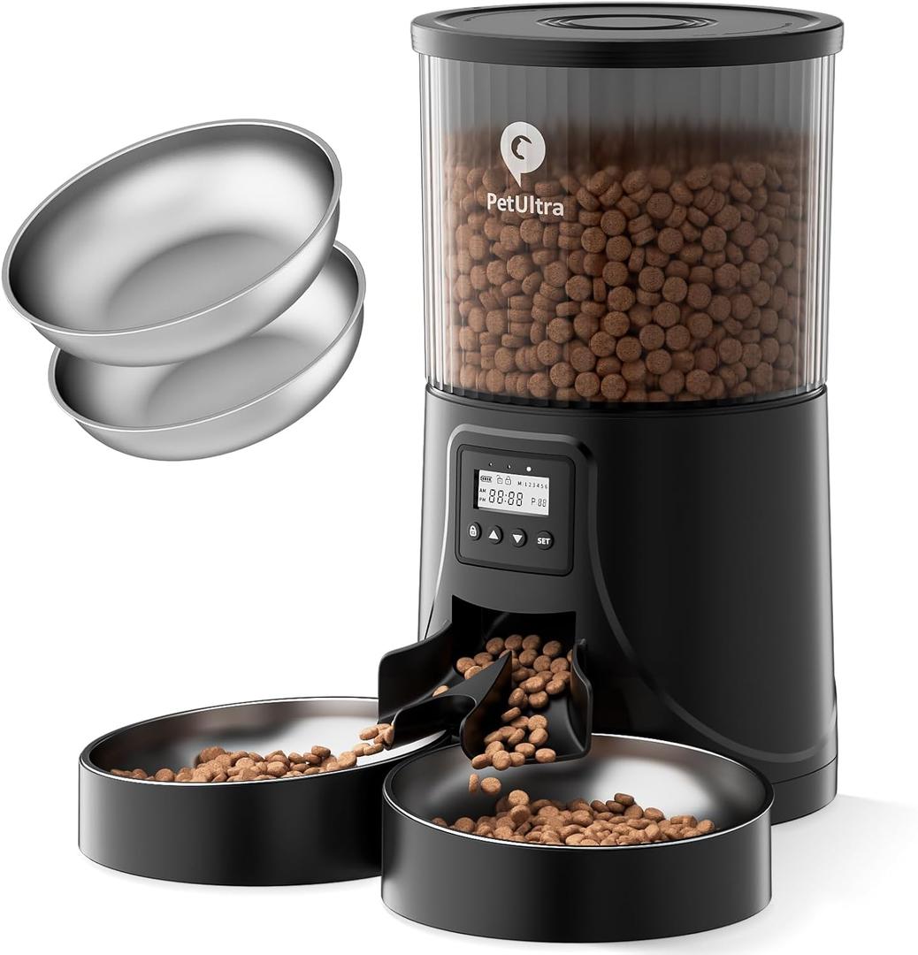 Automatic Cat Feeder for 2 Cats - 16 Cups/4L Timed Auto Pet Feeder with Portion Control (1-6 Meals), Dual Power& Easy to Clean for Indoor Cats & Small Dogs