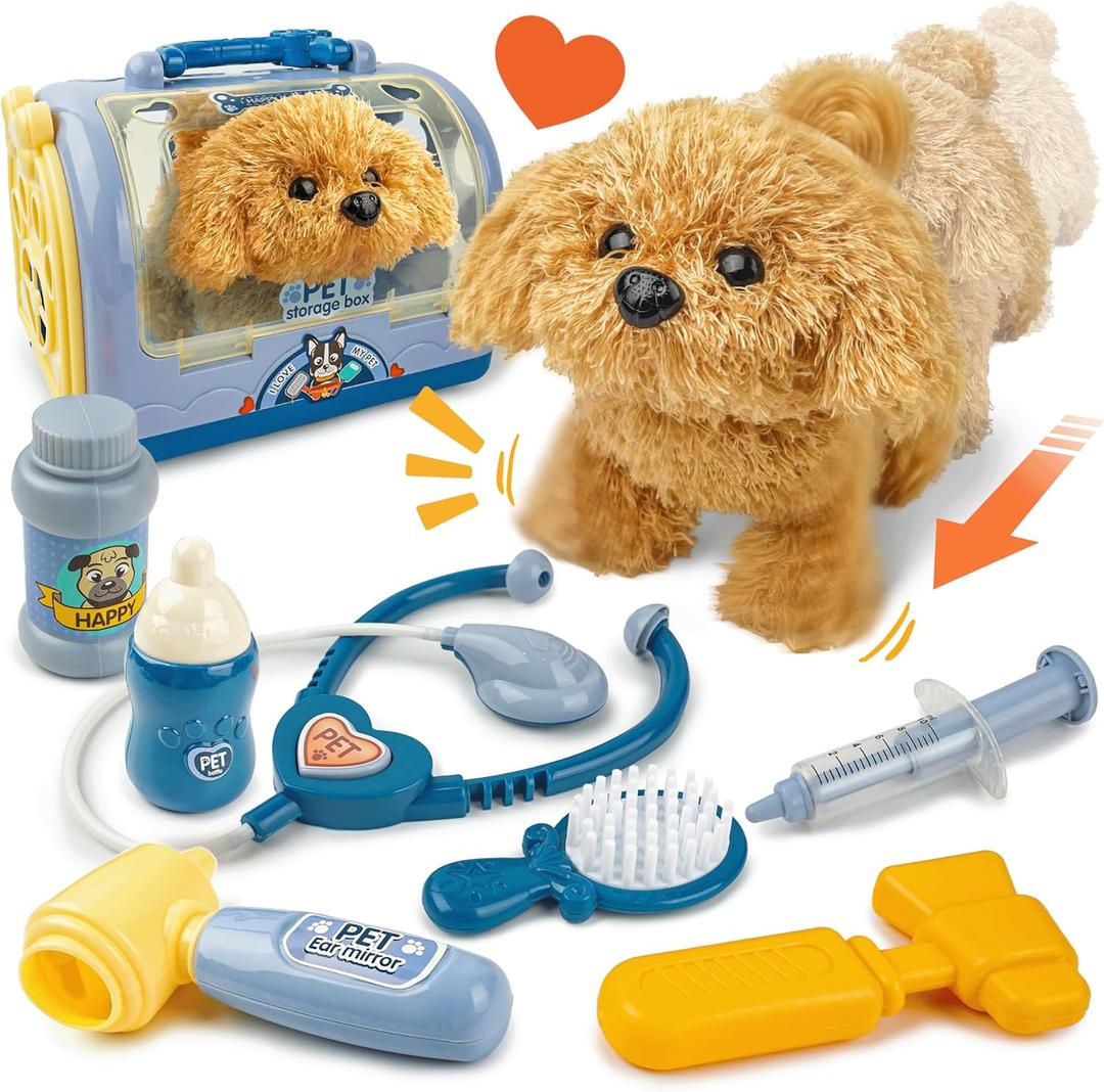 BELLOCHIDDO Veterinarian Playset for Kids, Vet Kits for Toddlers with Interactive Electric Walking Barking Dog & Cage, Pretend Play Puppy Pet Care Dog Toys Gifts for Ages 1 2 3 4 5 6+ Year Old