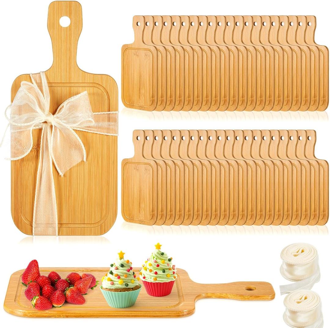 Kigley 40 Pcs 11.02" x 5.12" Mini Charcuterie Boards Bulk Small Bamboo Cutting Board with Handled Engraved Blanks Chopping Customized Personalized Laser for Wedding Charcuterie Housewarming Gift