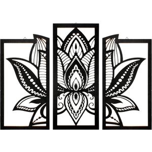 Maitys 3 Pieces Black Lotus Flower Wall Art Mandala Carved Wood Meditation Home Decor Wooden Mandala Wall Hanging Home Decoration Wooden Art Meditation Spiritual Decor