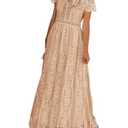 MEROKEETY Women's 2026 V Neck Short Sleeve Floral Lace Wedding Dress A Line Boho Bridesmaid Cocktail Party Maxi Dress, Apricot, Medium