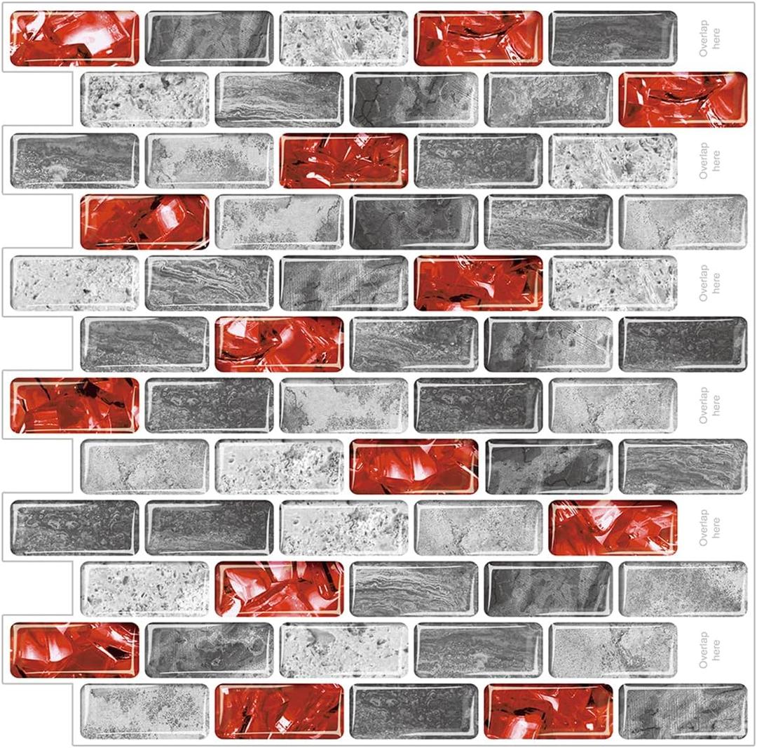 Marble Peel and Stick Backsplash for Kitchen, 10-Sheet Stick on Backsplash for Bathroom, Large Self-Adhesive Kitchen Backsplash, Red Marble Look Decorative Tiles12"12"