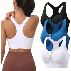 Zip Front Sports Bras for Women Adjustable Racerback Medium Support Bras Padded Post-Surgery Bras Seamless Yoga Athletic Bra (M, 3 Pack Black White Blue)