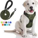 PoyPet No Pull Dog Harness and 5 Feet Leash Set, Release on Neck Reflective Adjustable Pet Vest, Front & Back 2 D-Ring and Soft Padded Pet Harness with Handle for Small to Large Dogs(Military Green,M)