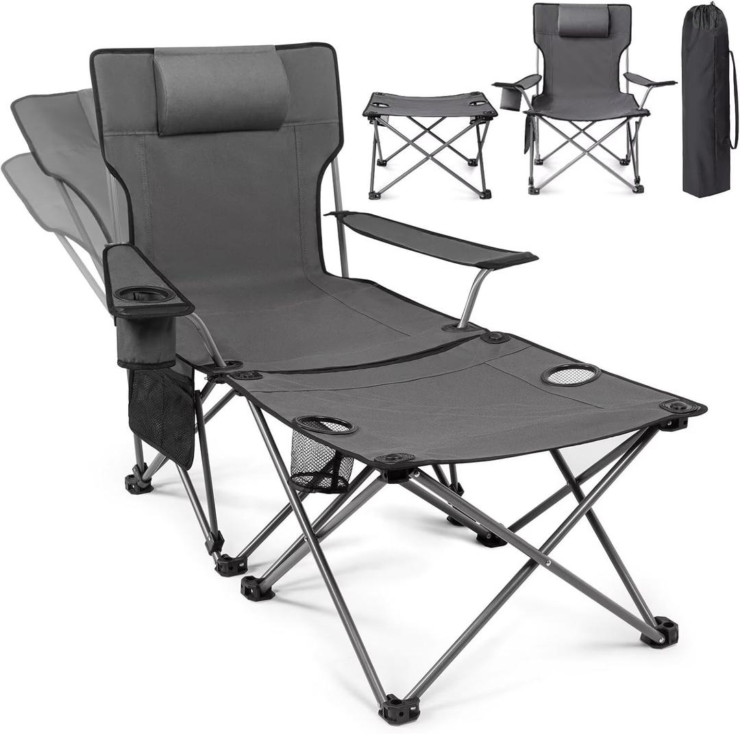 apollo walker Reclining Beach Chair, Adjustable 90-135 Backrest Camping Lounge Chairs for Adults, Folding Chair with Foot Rest & Detachable Pillow - Upgraded 8-Leg, Grey 46.5"D x 22"W x 15.5"H