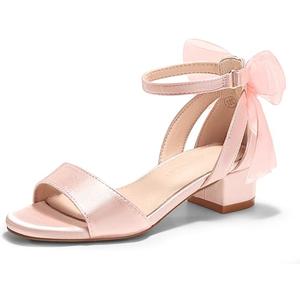 Coutgo Girls Dress Shoes Sandals Chunky Low Heels Bow Ankle Strap Flower Girl Wedding Party Shoes, 3 Little Kid
