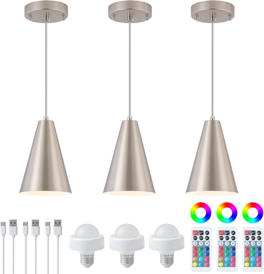 Dijiahua Brushed Nickel Battery Operated Pendant Lights Kitchen Island 3 Pack with Remote Control,Modern Wireless Rechargeable RGB Color Temperatures Hanging Lamp Fixtures with Silver Metal Shade