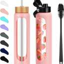 32 oz Glass Water Bottles - 1 Liter Motivational Tumbler Water Bottle Time Marker - Borosilicate Glass Water Bottle With Silicone Sleeve and 2 Lids, Handle Spout & Bamboo Straw Lid (Pink)