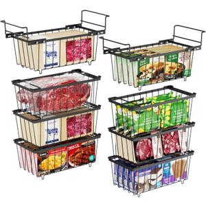 iSPECLE Chest Freezer Organizer Bins 8 Pack - Fit 7 Cu.Ft Deep Freezer, 2 Adjustable Hanging Baskets and 6 Pack Stackable Freezer Bins, Deep Freezer Organizer Bins Sort Frozen Food, Black