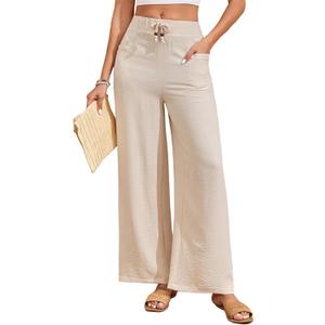 ALSOGO Women's Palazzo Pants Dressy Drawstring Elastic Waist Casual Wide Leg Trousers with Pockets 2025 Summer (Large, Beige)