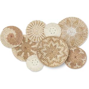 Xuhal Set of 8 Hanging Woven Wall Basket Handmade Decorative Rustic Boho Basket Decor Handcrafted Wicker Round Seagrass Wall Art for Home Kitchen Farmhouse Table Living Room(Classic)