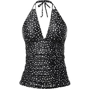Women's Halter Tankini Top V Neck Swim Top Tummy Control Bathing Suit | Adjustable Straps, Removable Cups, Backless, Full lining, Dry Quickly, Full Torso Modesty Via Long Hem (M)