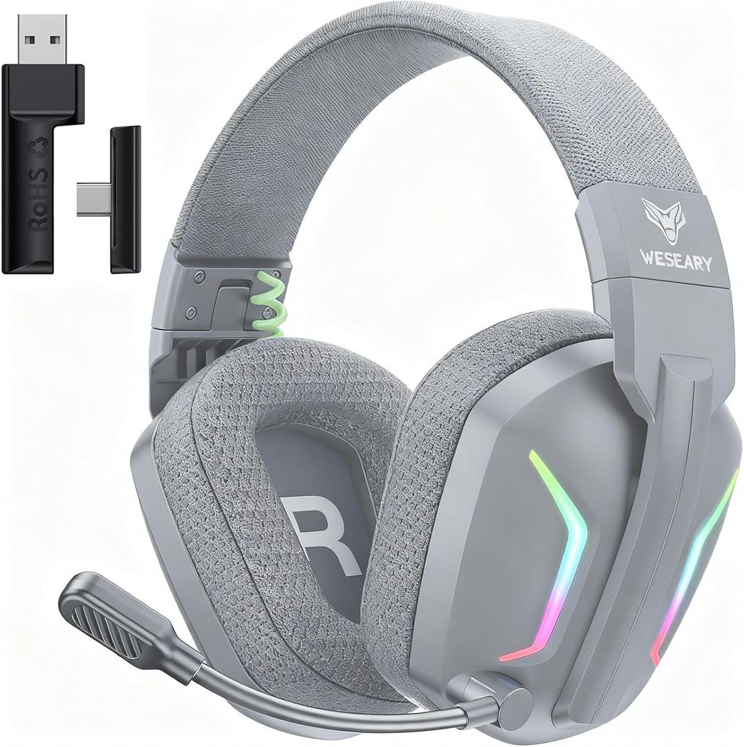 WESEARY Wireless Gaming Headset with Mic for PS5, PS4, PC & Switch, 20ms Ultra-Low Latency for Seamless Gaming, 2.4GHz & Bluetooth 5.4 Dual Mode, 50H Battery Life, 3D Spatial Audio,Grey Neon