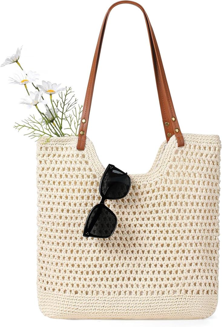 Sightor Crochet Beach Bag Woven Tote Bag Summer Boho Bag for Vacation | Crochet Bag for Women Summer Beach Bag Travel Casual Shoulder Bag