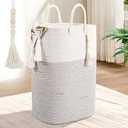 Tall Laundry Basket With Handles,Woven Cotton Rope Big Laundry Hamper Sorters,Versatile Storage for Dirty Clothes,Baby Toys,and Blankets in Bathroom, Nursery,and Living Room (White/Black Line, 50L)