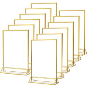 MaxGear 4x6 Gold Acrylic Sign Holder 12 Pack, Wedding Gold Table Number Holders, Double Sided Picture Frame Paper Stand Photo Display, Clear Menu Flyer Stand for Wedding, Home, Restaurant MaxGear 4x6 Gold Acrylic Sign Holder 12 Pack, Wedding Gold Table Number Holders, Double Sided Picture Frame Paper Stand Photo Display, Clear Menu Flyer Stand for Wedding, Home, Restaurant
