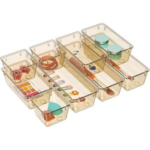 WOWBOX 12 Pack Clear Drawer Organizer Set, Acrylic Drawer Storage Trays, Storage Bins for Makeup, Cosmetics, Jewelries, Utensils, Gadgets, Office, Champagne