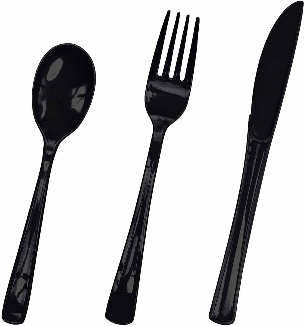 HEIPINIUYE 75 Pack Black Plastic Cutlery Heavy Duty Black Plastic Knives Forks and Spoons Disposable Silverware Set for 25 Guest Birthday Halloween Baby Shower Party Cutlery Set