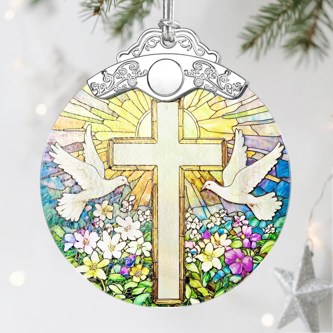 4 x Stained Glass Religious Ornament, Christmas Ornaments, Christmas Decorations for Tree, Holiday Ornament, Christian Gifts, Cross Gifts, Gift Ideas & Religious Gift