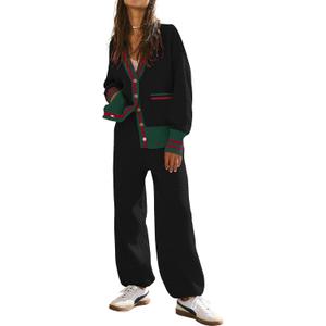 Women's 2 Piece Outfit Lounge Set Trendy Cardigan Sweater Pants Sets V Neck Button Pocket Knit Matching Loungewear (Medium)