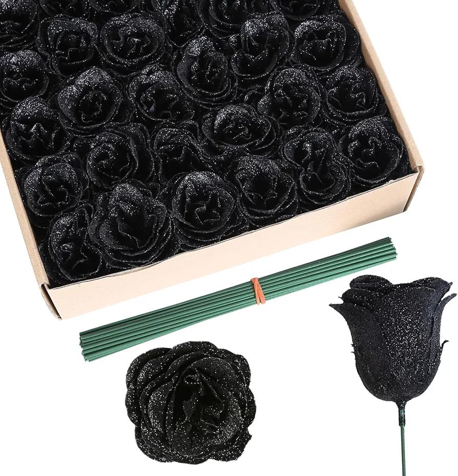 Roses Artificial Flowers,30PCS Black Glitter Roses Silk Roses for Wedding Bouquet Party Christmas Home Decor(Black)