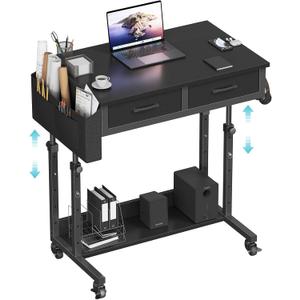 Small Portable Rolling Standing Desk - 32 Inch Adjustable Mobile Stand Up Gaming Desks with 2 Fabric Drawers on Wheels, Couch Sofa Side Laptop Table with Storage for Home Office, Black, 31.5"