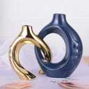 LCCCK Blue and Gold Ceramic Vases for Home Decor, Boho Vase for Flowers Pampas Grass Decorative, Navy Blue Hollow Donut Small Vase for Living Room Table Wedding Centerpiece Modern Vases, 6.7"L x 2"W x 8.6"H