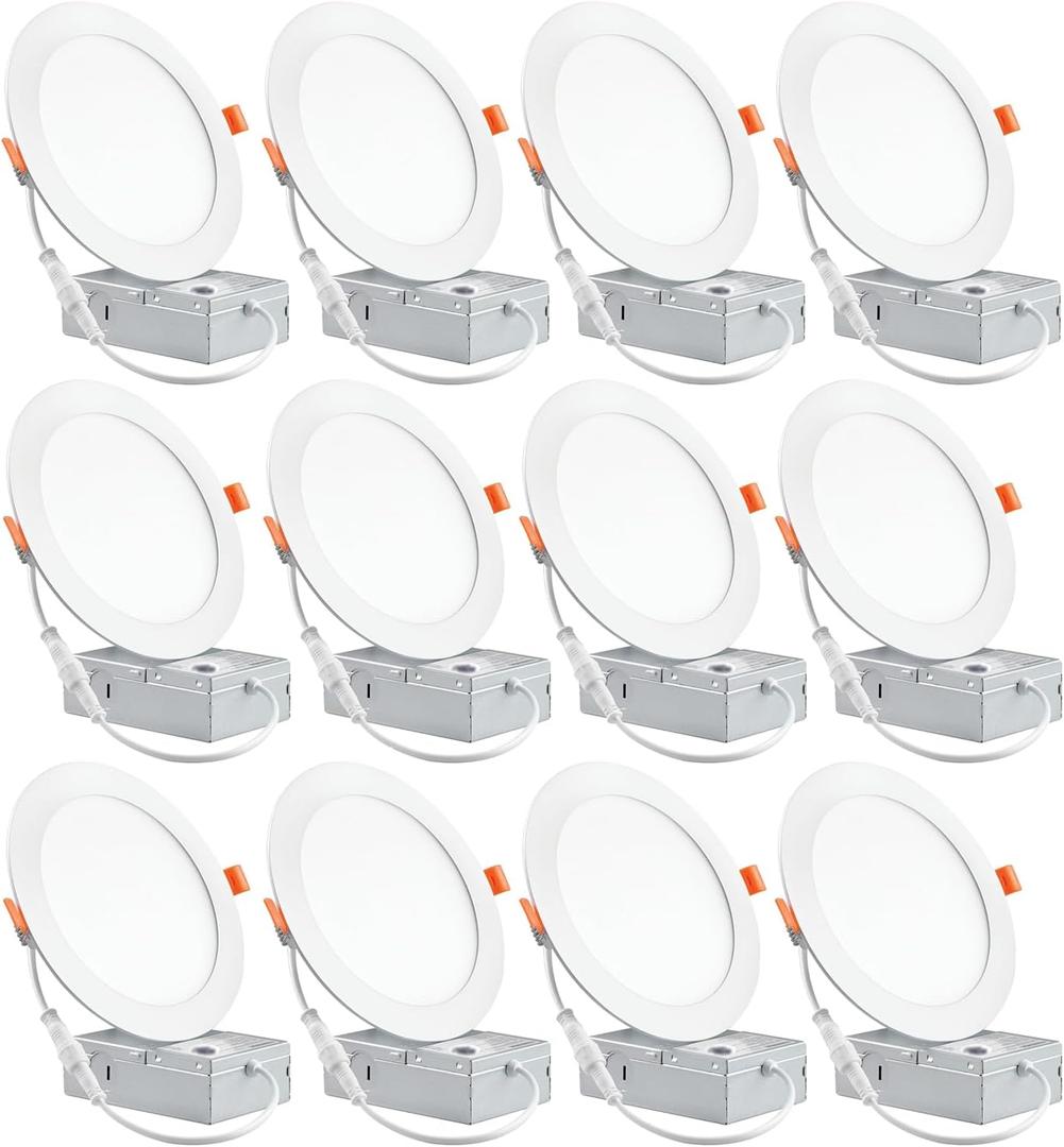 12 Pack 6 Inch Ultra-Thin LED Recessed Ceiling Light with Junction Box, 6000K Can Lights, 12W 110W Eqv, recessed Lighting 6 inch led Lights, 1050LM High Brightness LED Lights