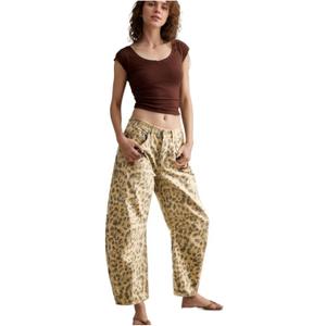 Leopard Pants Women Barrel Baggy Jeans Y2k Boyfriend Cheetah Print Jean Mid Rise Wide Leg Denim Ankle Pants Black Khaki XXL (XXL)