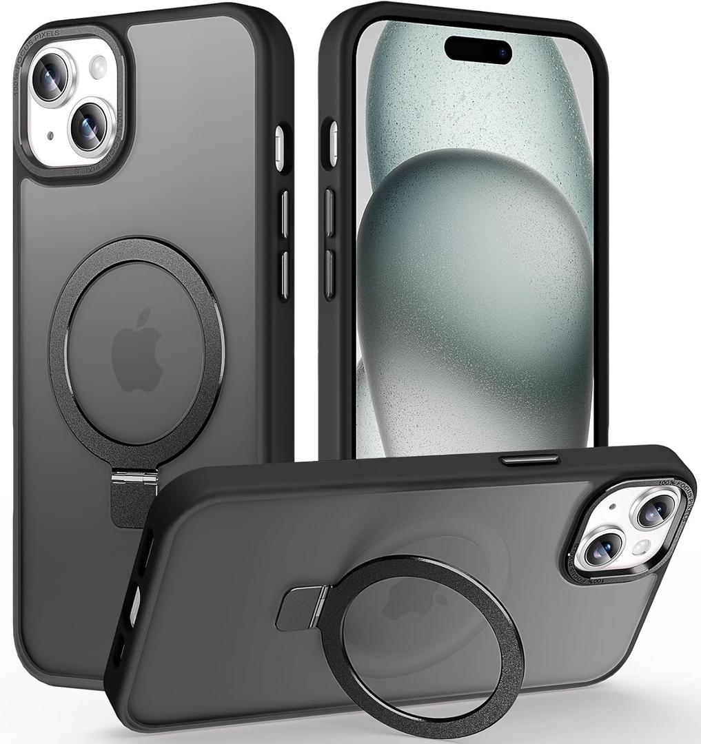 Magnetic for iPhone 15 Case with Invisible Stand, [10 FT Drop Protection] [Velvety Touch] Slim Translucent Matte Back Shockproof Phone Case for iPhone 15 6.1'', Space Black