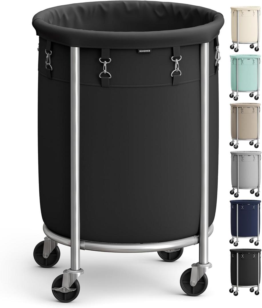 SONGMICS 29-Gallon (110 L) Laundry Basket with Wheels, Rolling Round Heavy-Duty Laundry Hamper Cart with Steel Frame and Removable Bag, 2 Locking Wheels, Ink Black and Metallic Silver URLS002B01