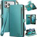 XcaseBar Compatible with iPhone 17 Pro 6.3" Wallet case with Zipper Credit Card Holder RFID Blocking,Flip Folio Book PU Leather Phone case Shockproof Cover Women Men for Apple 17 Pro case Blue Green