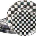 U-QE 20PCS Black Plastic Plates for Party - Retro Checkered Plates Disposable Heavy Duty - Black and White Plate for Party, Birthdays - 10 10.25 Inch Dinner and 10 7.5 Inch Dessert Plate