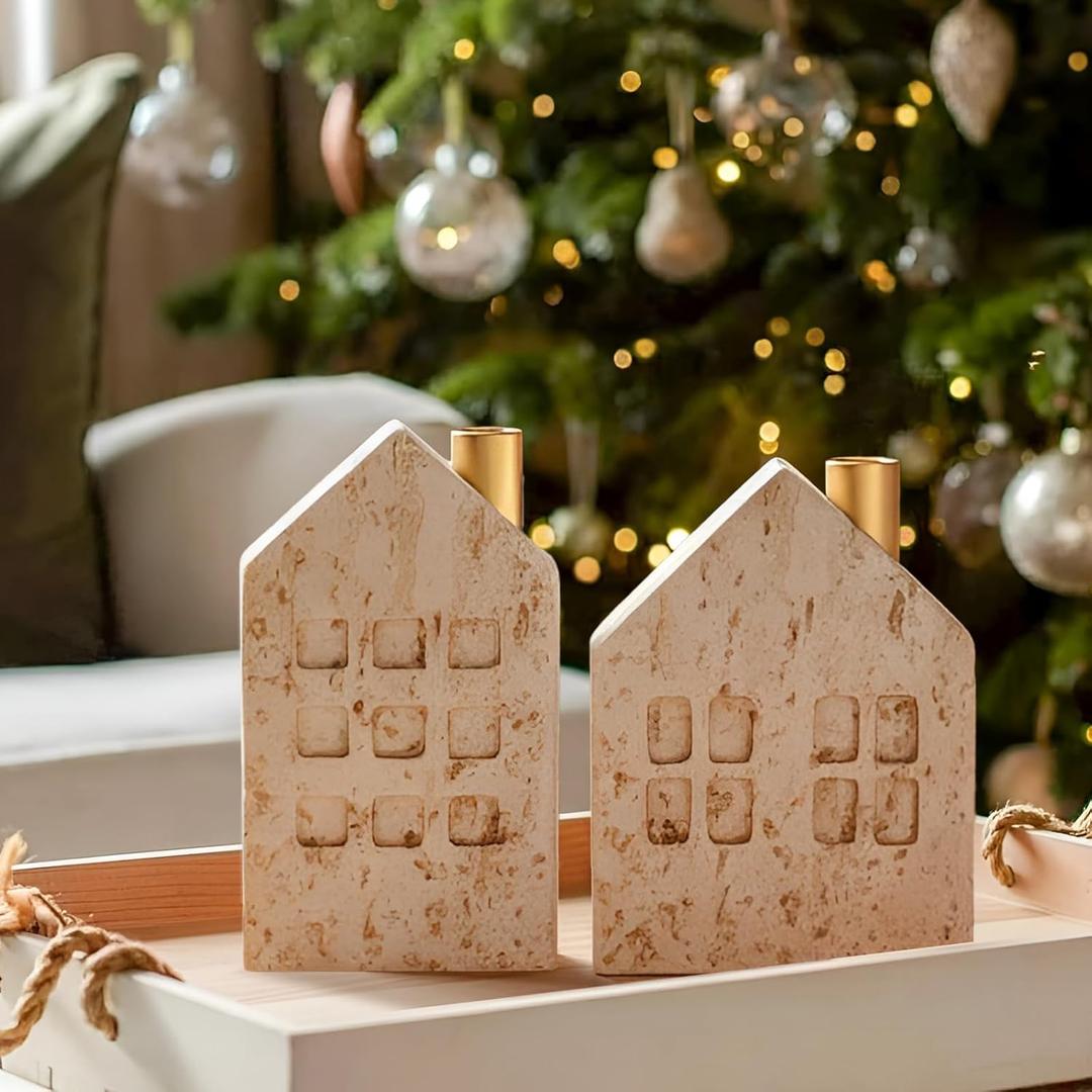 DN DECONATION Christmas Candle Holders Set of 2 - House Candlestick Holders with Metal Chimney for Taper Candles, Boho Travertine-Style Holiday Table Centerpiece & Mantel Decor