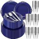 Umigy 450 Pcs Navy Blue Plastic Plates Heavy Duty Blue and Silver Disposable Dinnerware, Include 75 10. 2" Dinner Plates, 75 7. 5" dessert Dinnerware and 225 Silver Silverware for Weddings Party