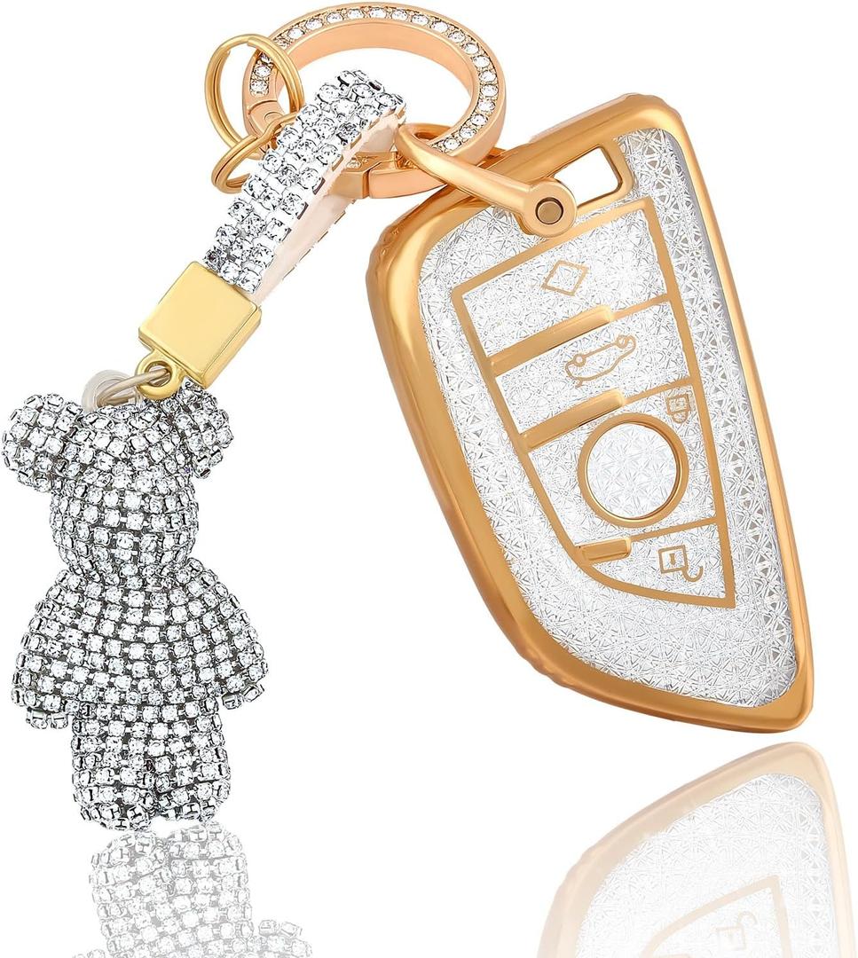 For BMW Key Fob Cover, Soft TPU Full Protection Key Fob Case with Bear Keychain Compatible with BMW X1 X2 X3 X5 X6 X7 GT and 2 5 6 7 Series Smart Car Key Accessories, White