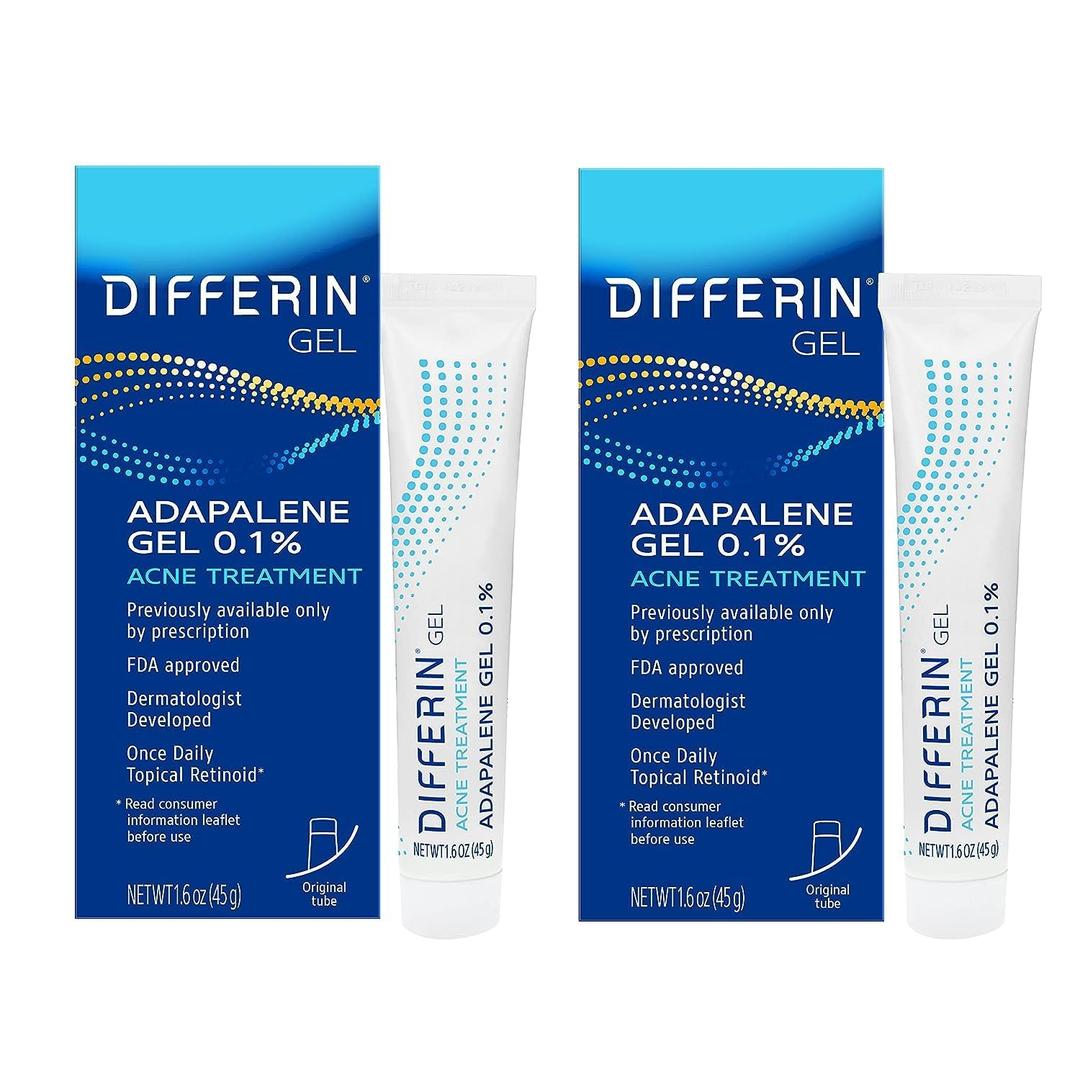 Differin Acne Treatment Gel, 180 Day Supply, Retinoid Treatment for Face with 0.1% Adapalene, Gentle Skin Care for Acne Prone Sensitive Skin, 45g Tube, Pack of 2