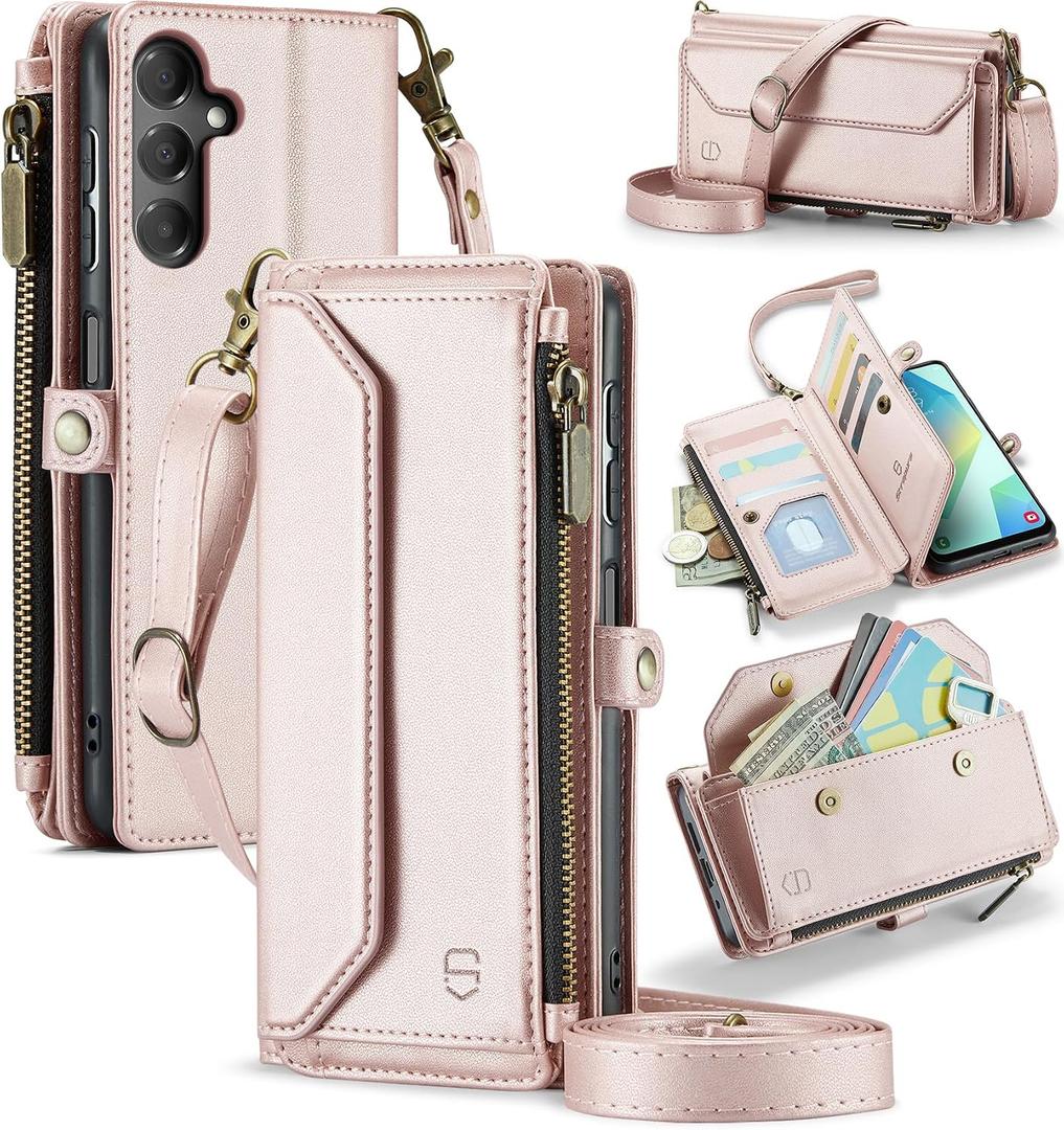 Strapurs Wallet Case Compatible with Samsung Galaxy A16 5G RFID Blocking Card Holder PU Leather Magnetic Snap Shoulder Strap Zipper Pocket Phone Case Fit for Galaxy A16 6.5" - Rose Gold