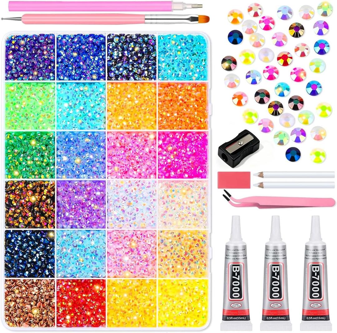 2 x kissxiaoya Multicolor 4mm AB Rhinestone Kit with 15000pcs, 3pcs B7000 Jewelry Glue