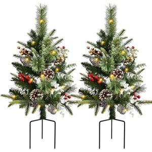 2 Pack Outdoor Christmas Trees for Porch，Lighted Artificial Christmas Urn Fillers, Battery-Powered LED Lights, Tripod Stakes for Holiday Porch Decorations on Porches, Patios,urn filler,and Flower Beds