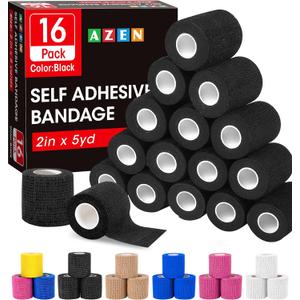 AZEN 16 Pack Self Adhesive Bandage Wrap Black, 2" X 5 Yards Black Athletic Tape, Vet Wrap, Tattoo Grip Tape Wrap Ankle Tape, Cohesive Bandage Wrap