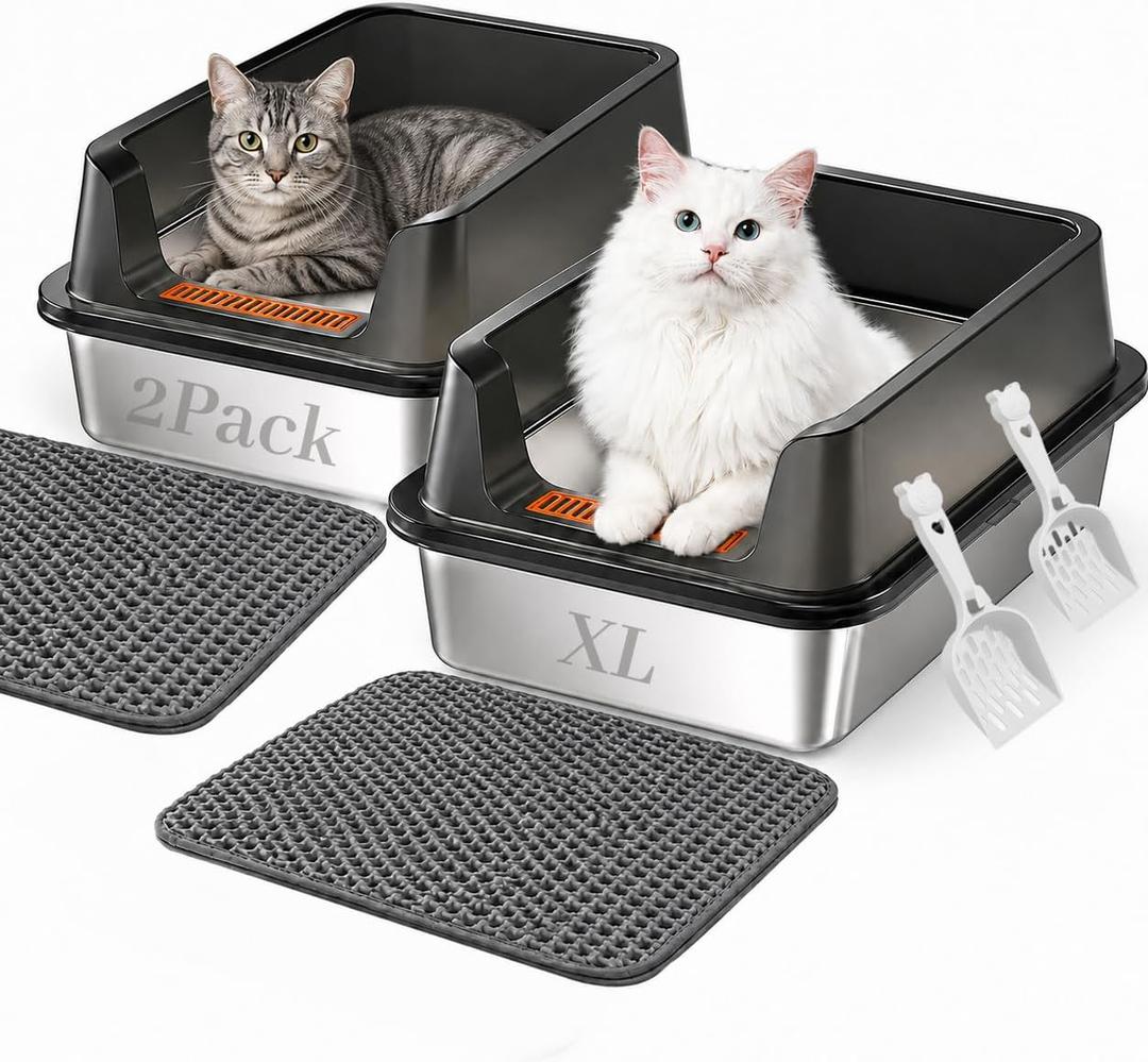 Metal Litter Box 2 Pack, XL Stainless Steel Pans for Large Cats, High Sides