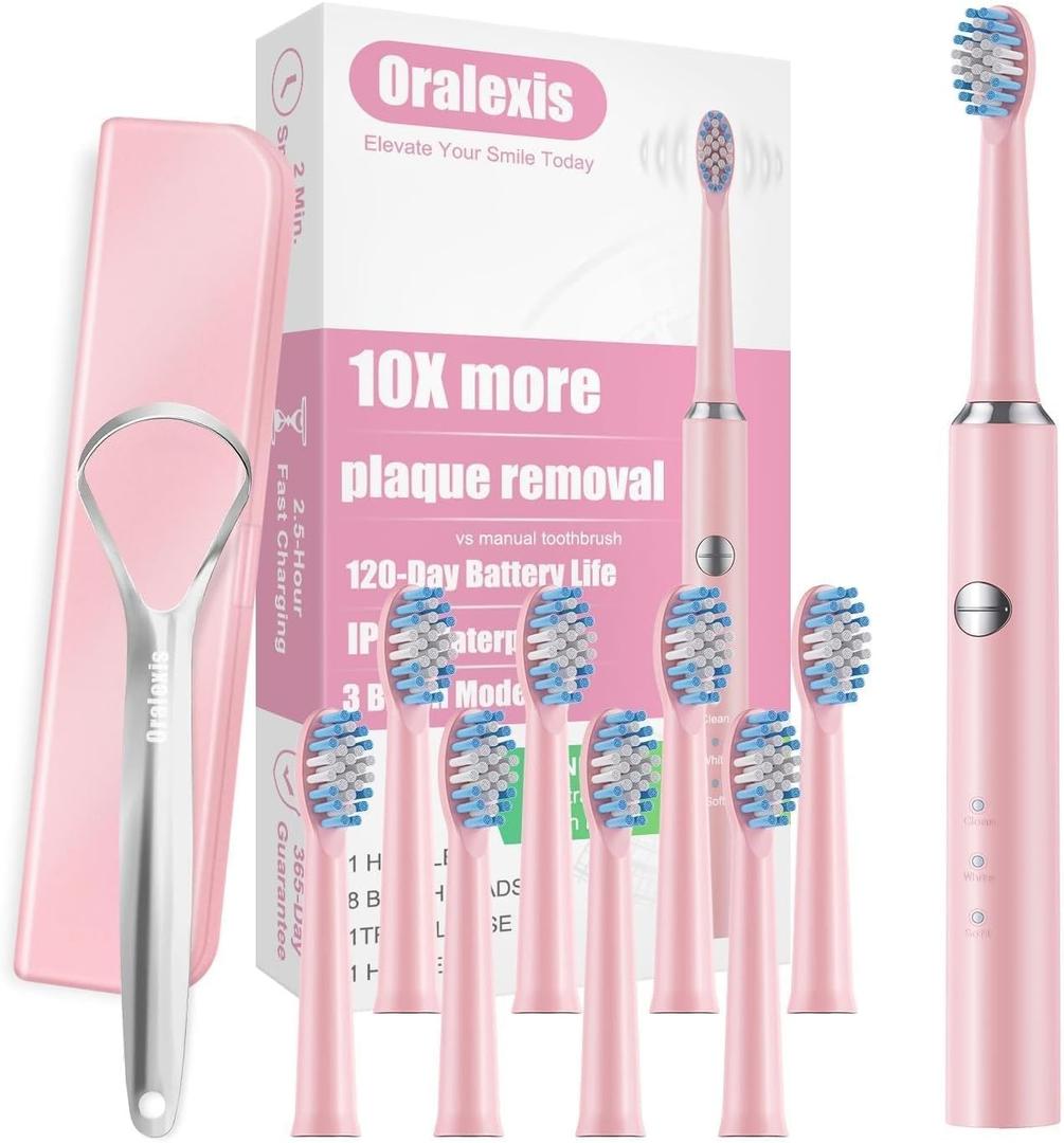 Electric Toothbrush for Adults and Kids, with Tongue Scraper and 8 Brush Heads, One Fast Charge Last 120 Days, 40000 VPM Deep Clean, Sonic Travel Toothbrush - Pink